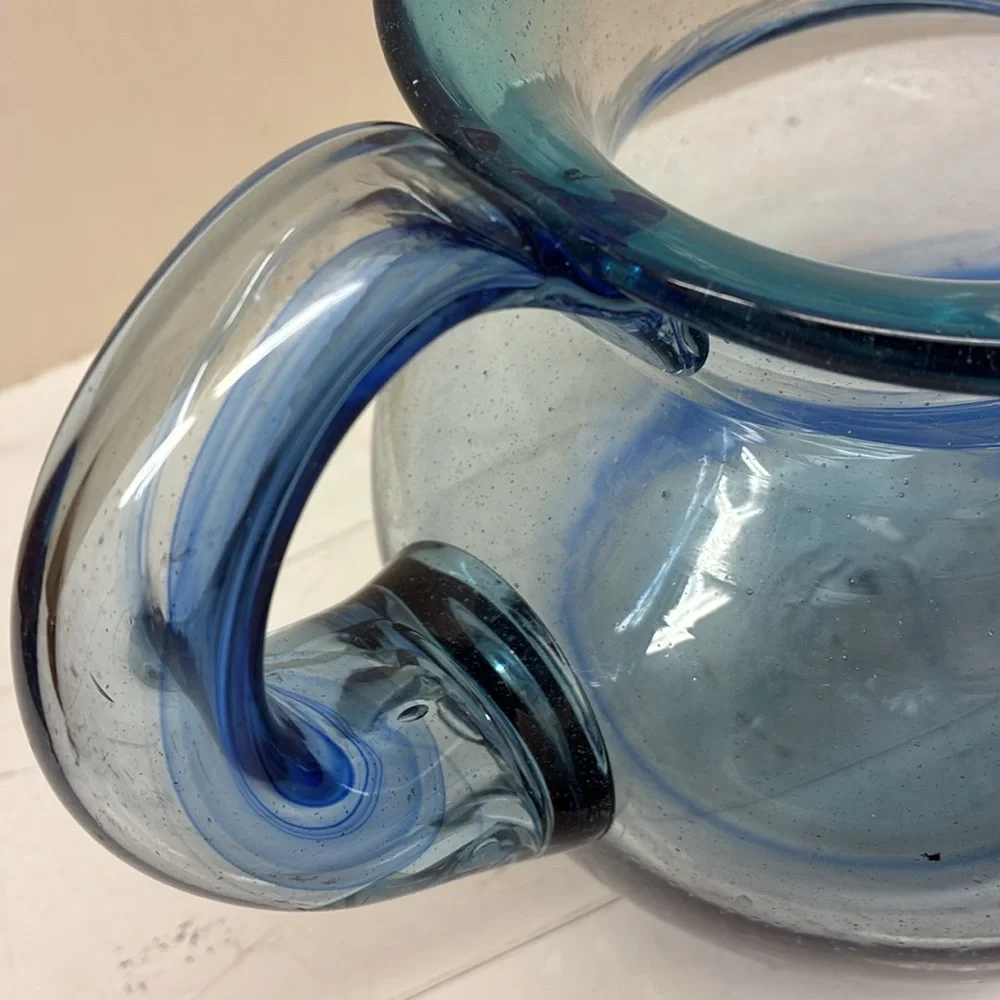 Hand Blown Blue Swirl Pitcher W/ Applied Handle Elegant Blue Glass Pitcher